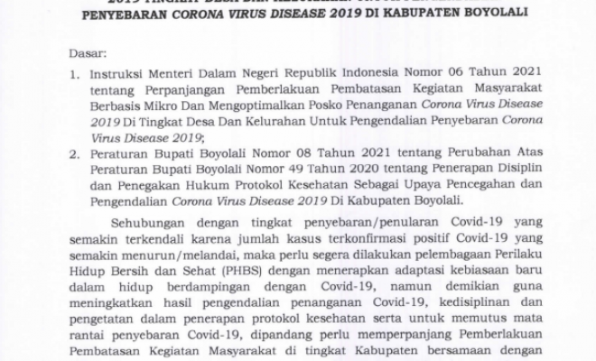 PERPANJANGAN PEMBERLAKUAN PEMBATASAN KEGIATAN MASYARARAT BERBASIS MIKRO DAN MENGOPTIMALKAN POSKO PENANGANAN CORONA